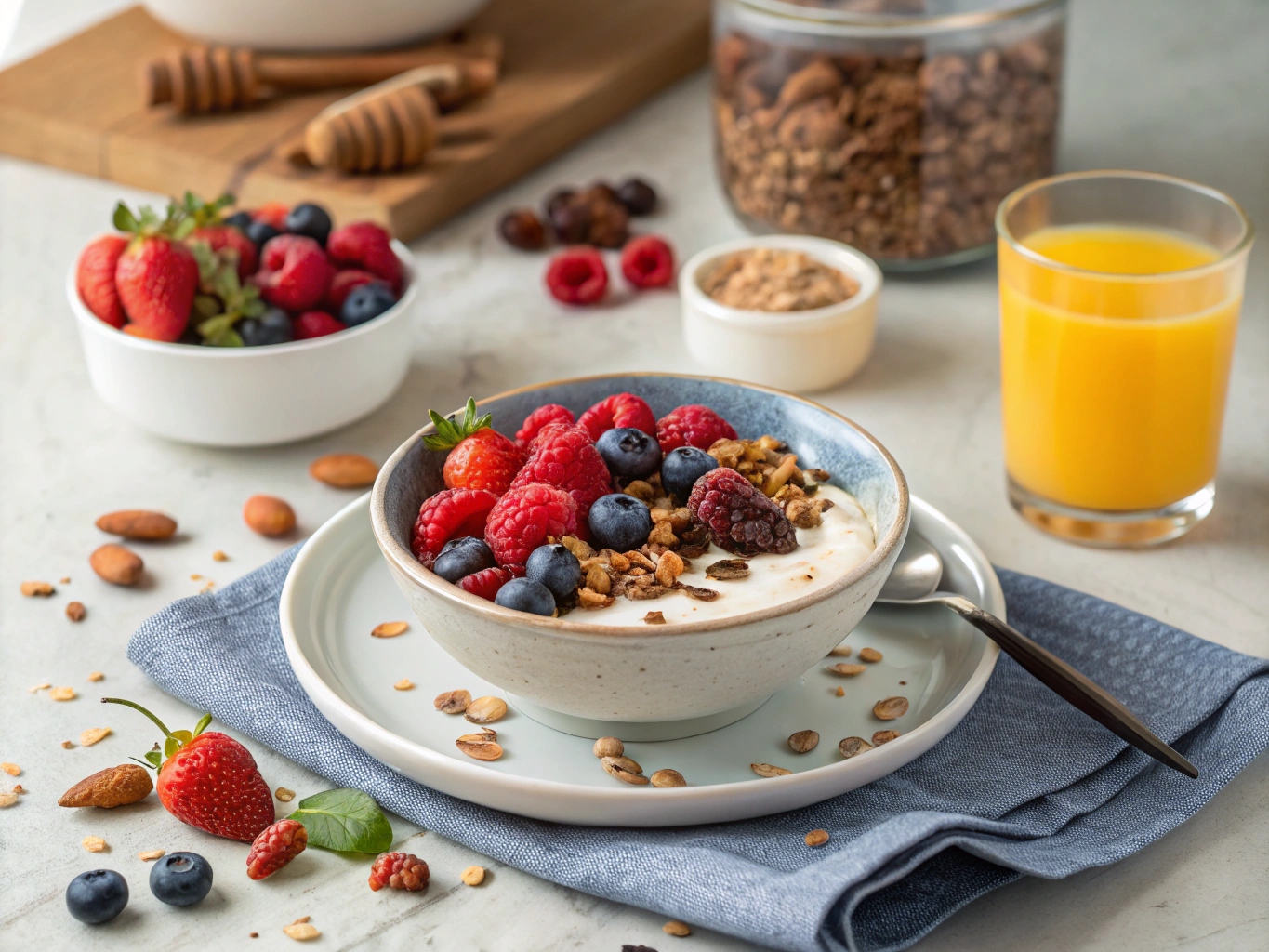 Färgglad frukost med yoghurt, bär och nötter