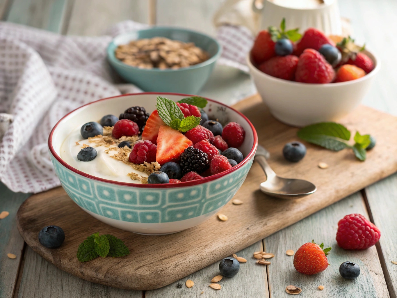 Hälsosam frukostbowl med yoghurt och bär